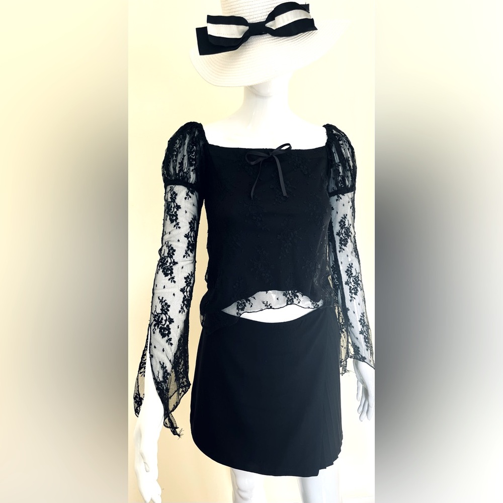 La Chateau black Lace Top long lace juliette sleeves off the shoulder crop US XS